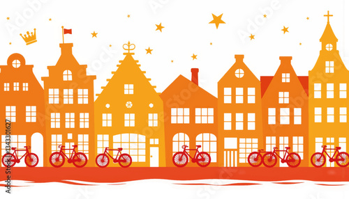 Geometric bicycles celebrating Amsterdam's King's Day near canal houses, festivity