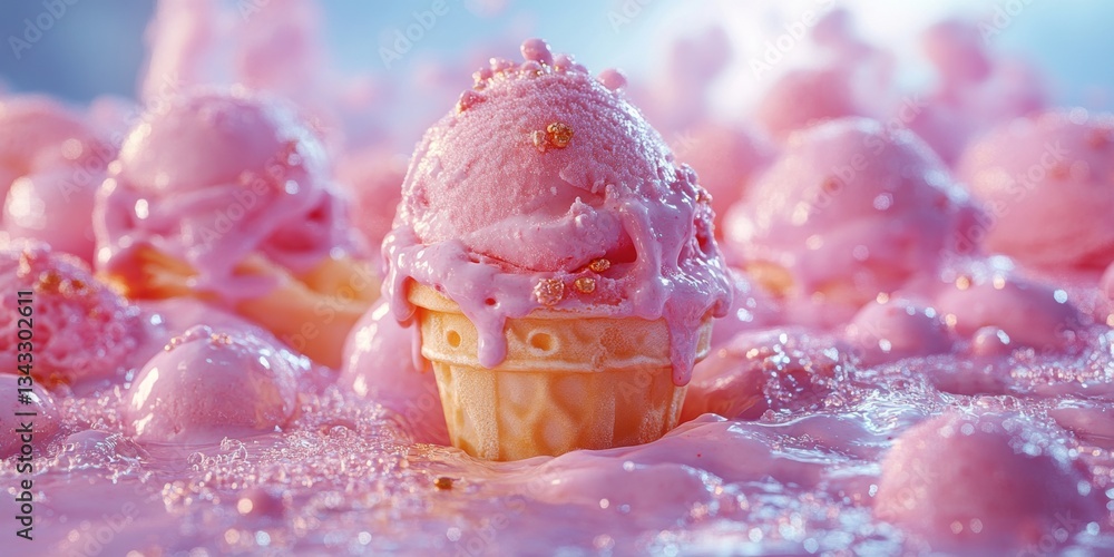 Dreamy Pink Ice Cream Cone Surrounded by Melting Sweetness, Embellished with Delicate Candy Dreamy Pink Ice Cream Cone Surrounded by Melting Sweetness, Embellished with Delicate Candy