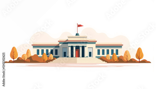 Geometric diplomatic venue illustration with minimalistic landscape, symbolism