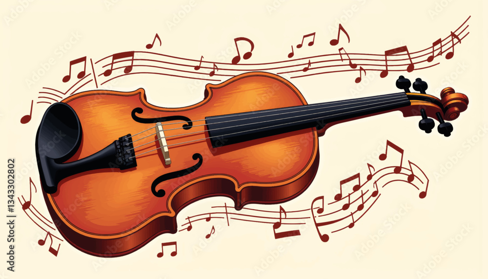 Naklejka premium Elegant violin surrounded by musical notes, classical music concept