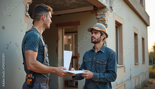 Two construction workers discussing plans at a building site during sunset, Building contractor defect concept.