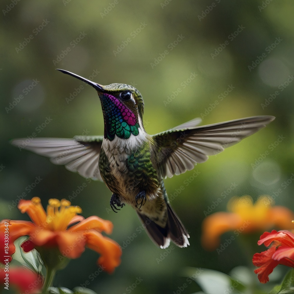 Fototapeta premium A close-up of a hummingbird hovering near a vibrant flower, with blurred green foliage in the background. by deepseek