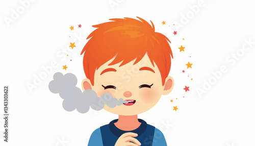 Happy child blowing smoke with stars in background, playful imagination