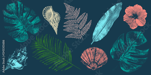Tropical summer elements set with photocopy effect, navy blue background, coral, aqua, green and beige tones. Perfect for prints, stickers, invitations, posters, social media, and beach-themed designs
