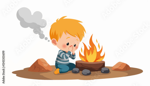 Child covering nose due to campfire smoke, playful innocence