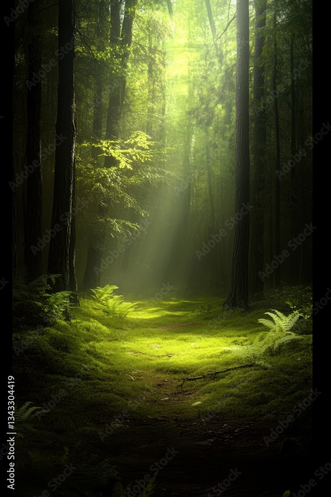 Obraz premium Sunlight streams through pine branches, casting enchanting patterns on the forest floor.