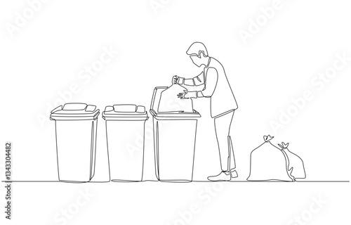 Continuous one line drawing of man separating trash into bags and putting them into different types of bins., waste sorting concept, single line art