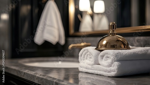 Luxurious bathroom with pristine white towels and gold bell