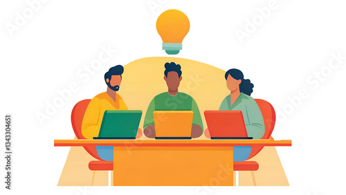 Neurodiversity Technology Collaborative brainstorming session with three individuals using laptops and a lightbulb overhead.