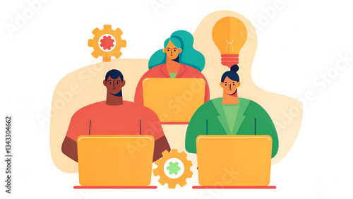 Neurodiversity Technology Three diverse individuals working on laptops, surrounded by gears and a lightbulb, symbolizing collaboration and innovation.
