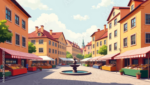Vibrant cultural market with food stalls and historic fountain, community spirit