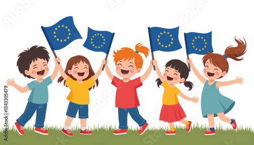 Joyful children waving EU flags in a grassy field, unity celebration