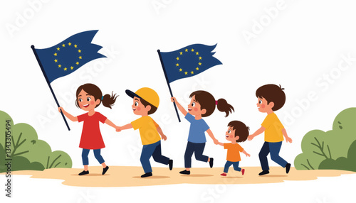 Children joyfully marching with EU flags in a park, unity and celebration