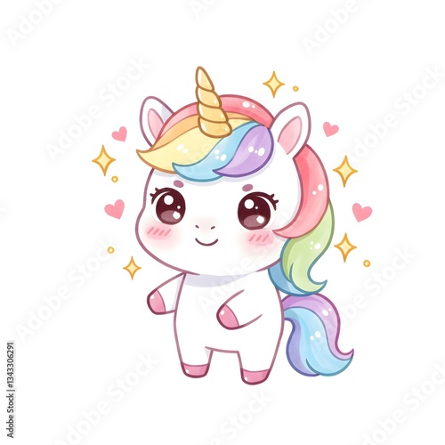 Adorable rainbow unicorn illustration perfect for children's products.