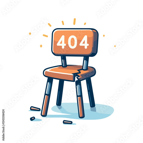 404 error on empty chair illustration. Furniture or interior design website error page showing absence or vacancy concept for home decor platforms.