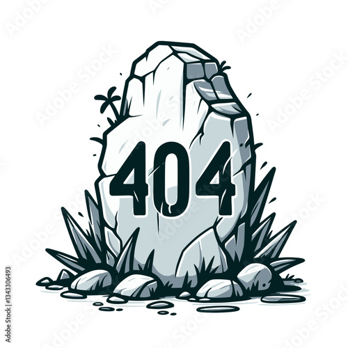 404 error carved in stone monolith. Ancient or historical website error page illustration for archaeological or heritage platforms showing primitive warning.