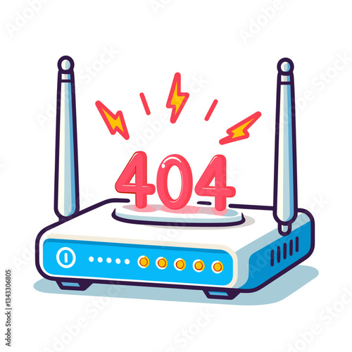 404 error on WiFi router with warning signals in blue and red cartoon. Perfect for internet service providers or network tech websites showing connection failure.