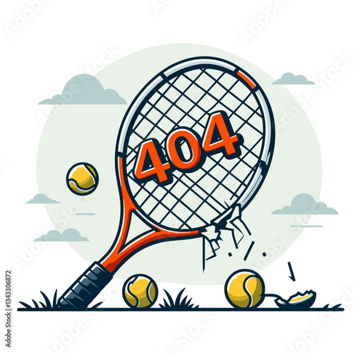 Tennis racket with 404 message and balls in sports illustration. Perfect for athletic websites or sporting goods stores showing unavailable products.