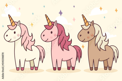 Whimsical cartoon unicorns with colorful manes and horns standing in a row, surrounded by sparkles and clouds. Ideal for children’s themes, fantasy art, and magical designs