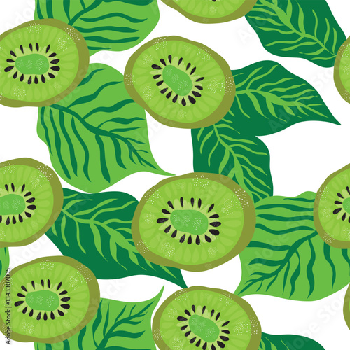kiwi slices with green leaves fruit seamless pattern. Kiwi fruits and dark green leaves citrus seamless pattern. It is suitable for tiles, decoration, textile, clothes, fabric and more.