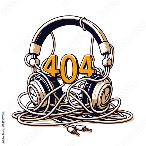 Headphones with 404 error in gold and black tones. Perfect for music or audio equipment websites to indicate unavailable content or products.