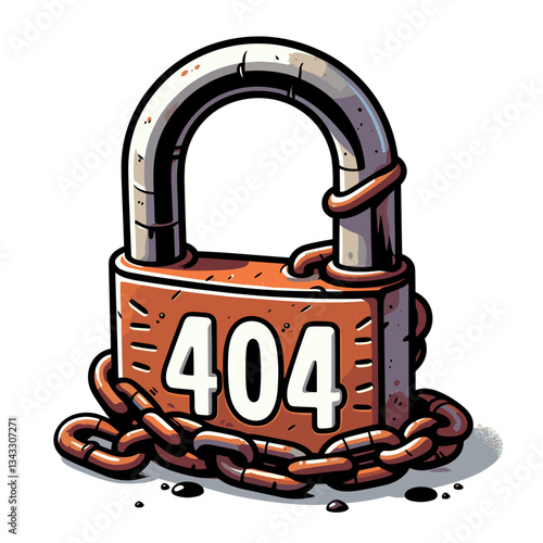 Broken padlock with 404 message in rustic style. Ideal for cybersecurity, data breach or password recovery pages.
