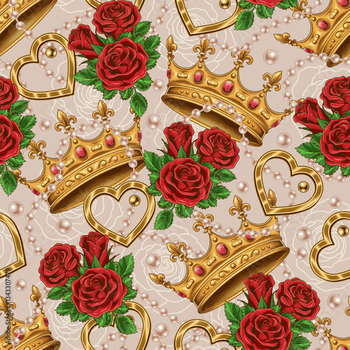 Seamless pattern with golden crown, scattered pearl necklaces, bouquet of red roses. Chaotic scattered objects on light background. Luxury kitsch vintage style.