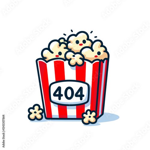 404 error on popcorn container. Movie or entertainment website error page design for cinema or streaming platforms showing theatrical snack concept.