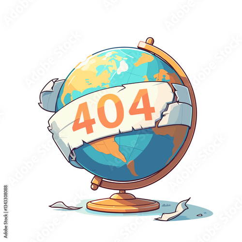 Globe with 404 message on torn paper band in orange and blue. Perfect for travel websites indicating unavailable destination information.