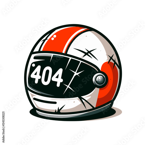 404 error on racing helmet in red and white sports equipment illustration. Ideal for automotive websites or motorsport services showing unavailable content.