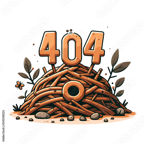 404 error on molehill with leaves in garden landscape illustration. Perfect for landscaping websites or pest control services showing unavailable content.