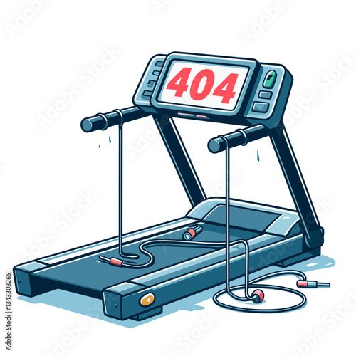 404 error on broken treadmill in fitness equipment illustration. Perfect for gym websites or exercise equipment stores showing unavailable products.