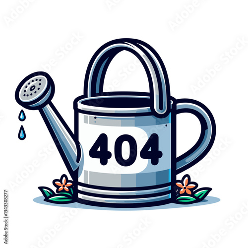 404 error on watering can with flowers in gardening illustration. Perfect for plant nurseries or gardening service websites showing unavailable products.