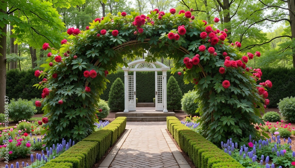 Naklejka premium Cascading red climbing roses create a beautiful garden archway, natural beauty