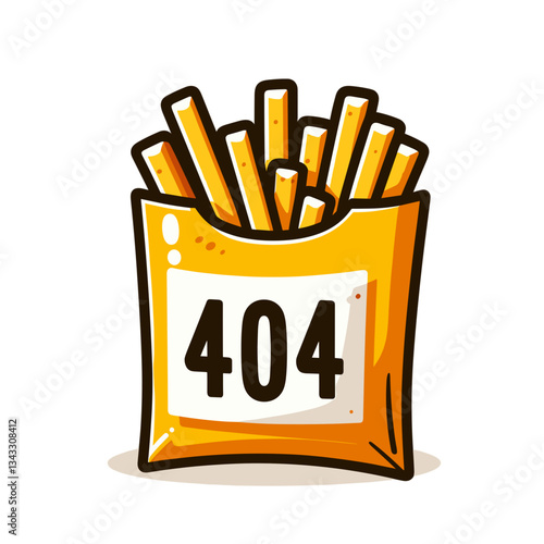 French fries package with 404 error in yellow and red colors. Ideal for fast food restaurant websites to indicate unavailable menu items or delivery options.
