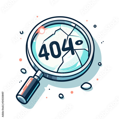 Magnifying glass showing 404 error in blue and gray tones. Ideal for search functionality on websites to indicate results not found or missing content.