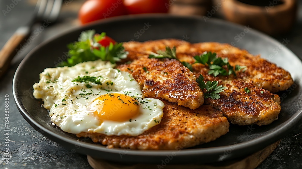 Chicken cutlets and bread served with scrambled egg for breakfast Chicken cutlets and bread served with scrambled egg for breakfast
