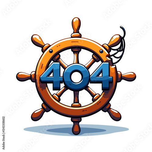 Ship wheel with 404 error in wooden brown and blue colors. Ideal for maritime or navigation websites to indicate lost directions or unavailable routes.