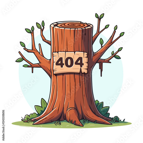 Tree trunk with 404 sign in brown and green colors. Ideal for environmental or forestry websites to indicate endangered species or habitat information.