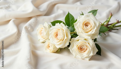 Elegant white roses bouquet on soft fabric, beauty and sophistication