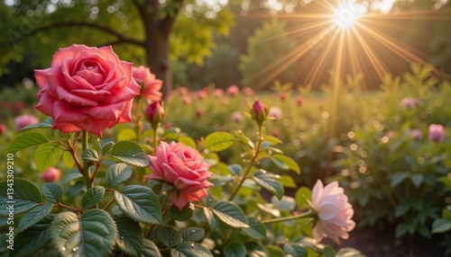 Wallpaper Mural Dew-covered roses blooming in a sunlit garden, nature's beauty Torontodigital.ca