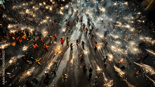 Festival-goers walking through a sparkling street at twilight celebrating the joyous occasion with friends and creating lasting memories.