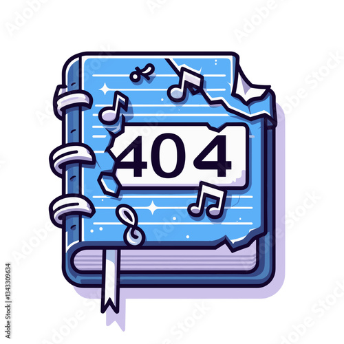 404 error on music notebook with notes. Musical website error page design for composition or sheet music platforms showing melodic disruption concept.