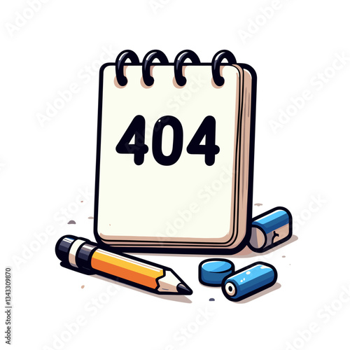 Notepad with 404 message and pencil in black and white. Ideal for stationery websites indicating unavailable office supplies or writing tools.
