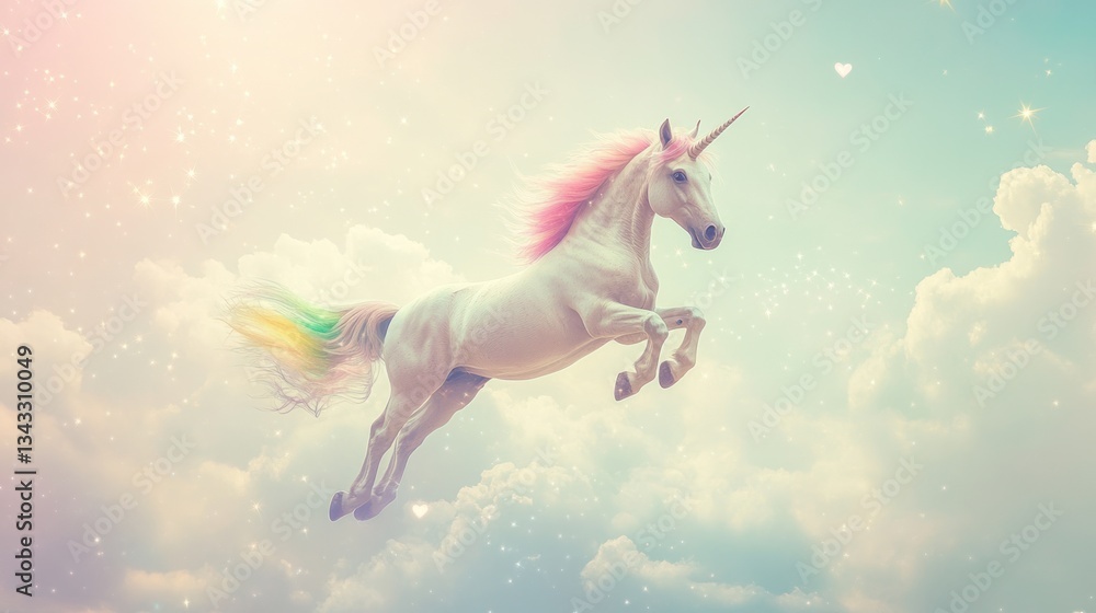 Magical white unicorn leaping through pastel sky. Magical white unicorn leaping through pastel sky.
