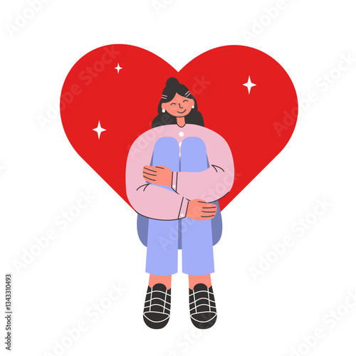 Self love, self care, love, acceptance concept. Woman with closed eyes sits embracing knees. Vector illustration on white isolated background