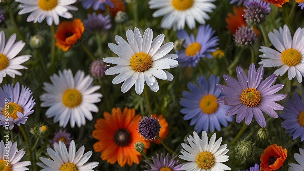 A close-up of a cluster of wildflowers in full bloom, featuring bright daisies, lavender, and poppies, with morning dew glistening on the petals. A close-up of a cluster of wildflowers in full bloom, featuring bright daisies, lavender, and poppies, with morning dew glistening on the petals.