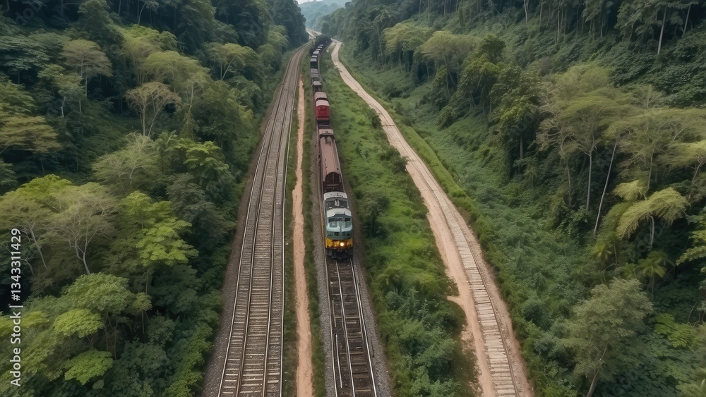 Fototapeta premium Aerial view of a railway construction site surrounded by dense green trees.