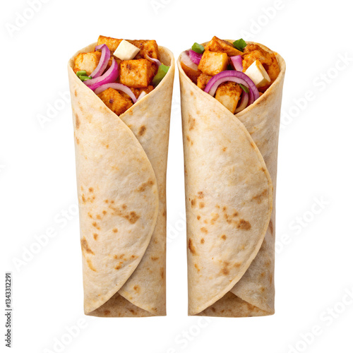Delicious paneer kathi rolls with fresh vegetables wrapped in soft flatbread