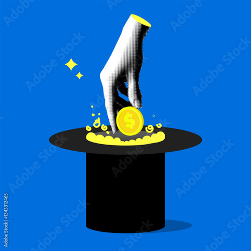 Halftone hand takes coin out of hat magician. Modern collage. concept of financial fraud, illegal enrichment. Magic trick with money